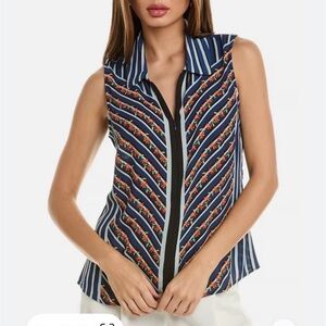 CAbi Blue and Black Striped Floral Blouse